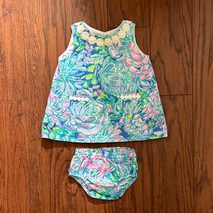 Lilly Pulitzer Pink and Blue Floral Baby Dress with Bloomers